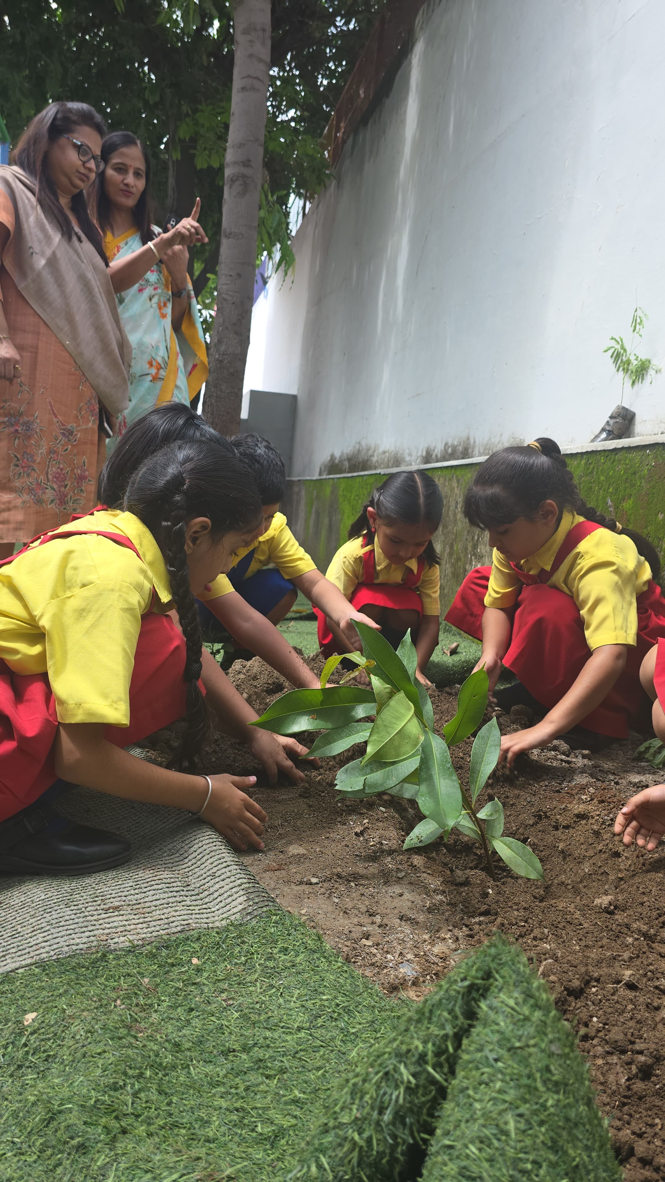 Students geo-tagging newly planted saplings using PlantWithPride app